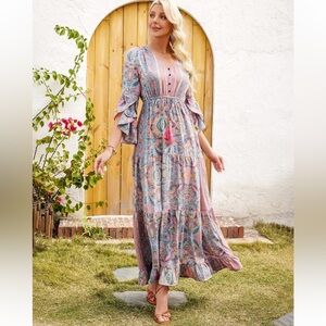 oho Paisley Maxi Dress Size M Like New Beach Vacation Resort Dress Flowy Romanti